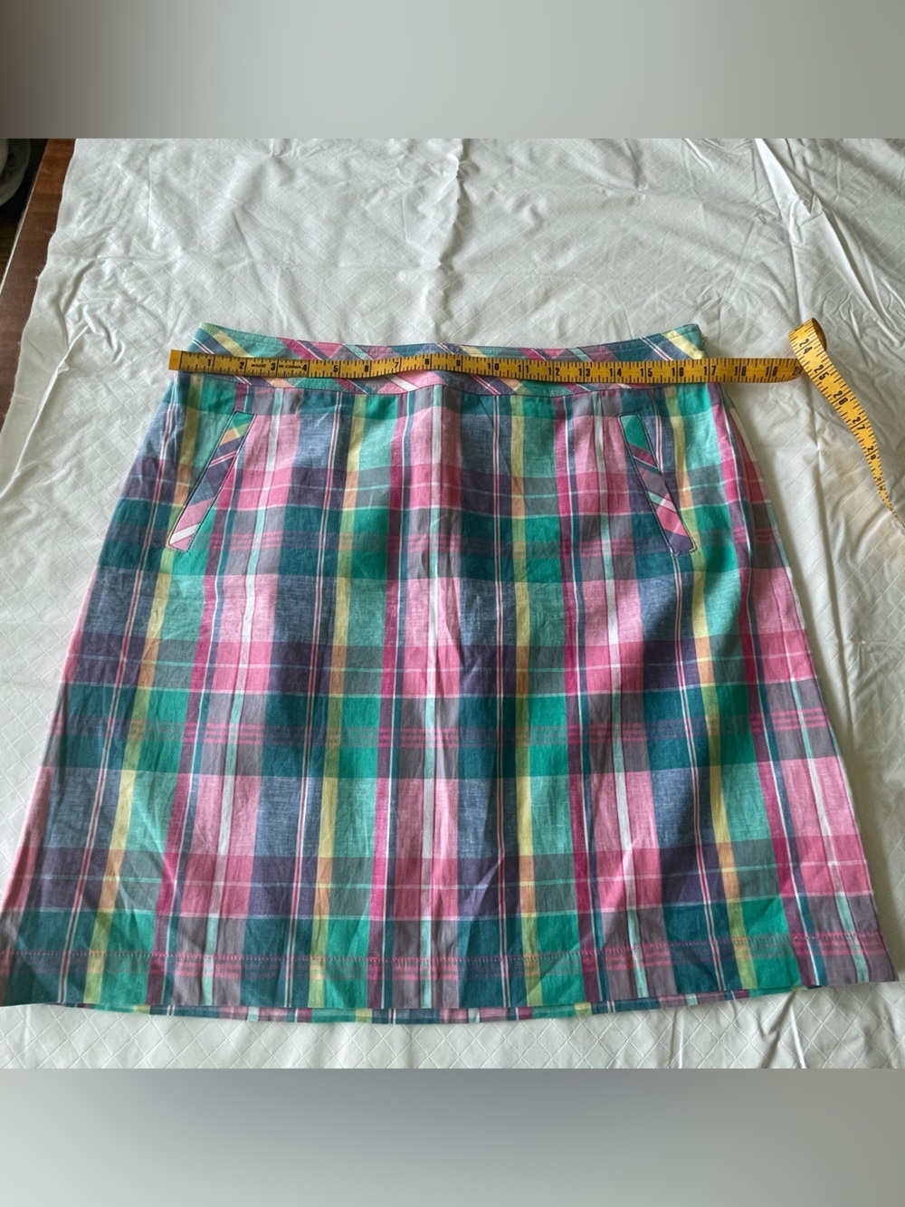 TALBOTS Madras Plaid A-Line Cotton Skirt in Pink, Green & Navy - Picture 2 of 4